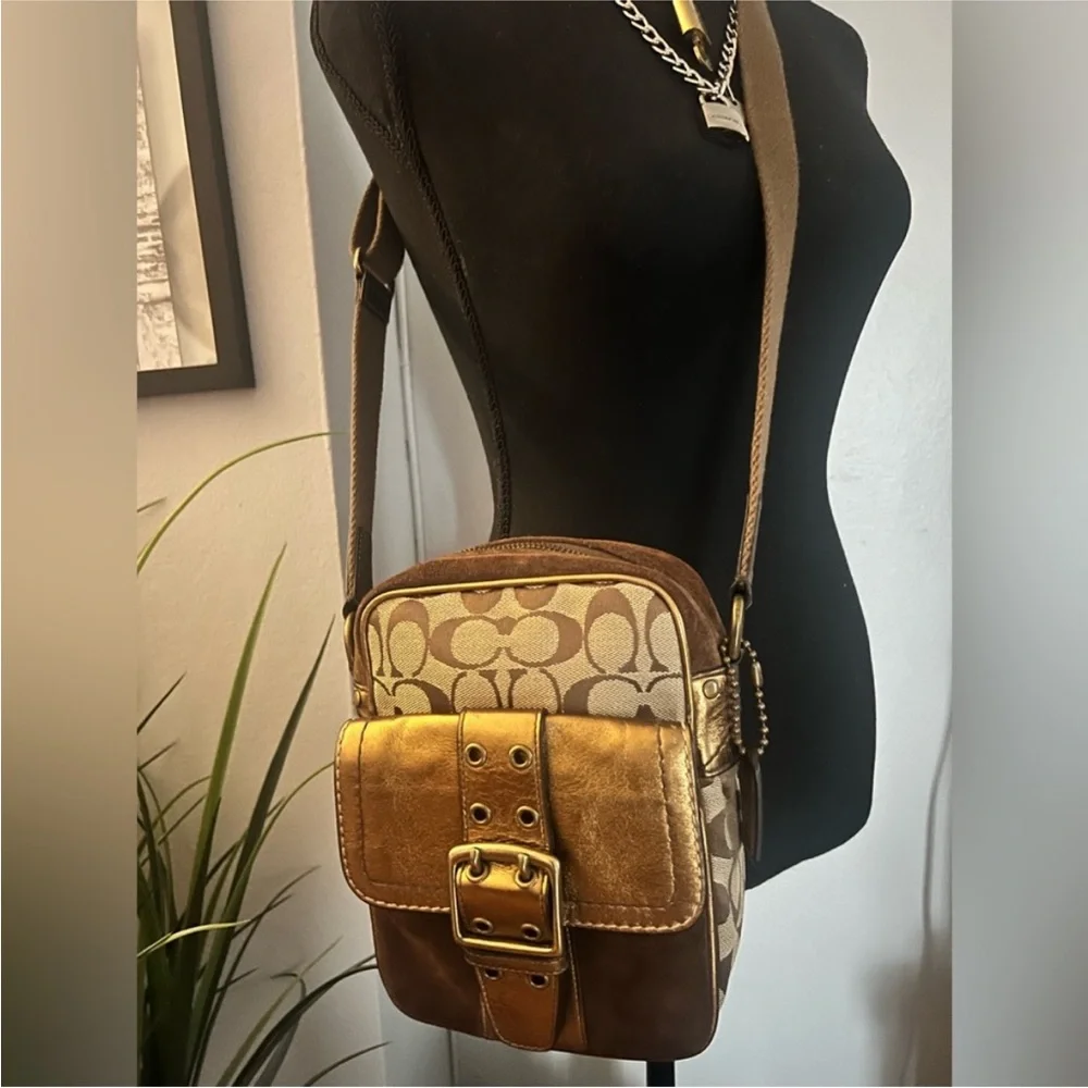 Coach Gold Monogram Metallic Trim Signature Crossbody and Small Wallet Set - Picture 15 of 17